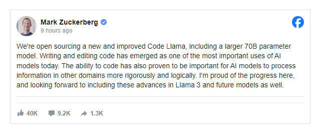 Meta发布最新AI编程工具(Code Llama70B)：号称“最大且性能最佳”