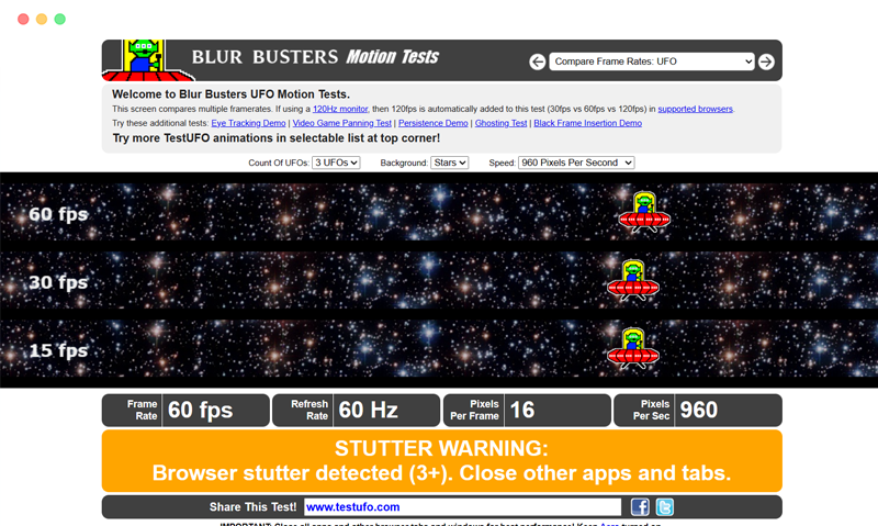 TestUFO： 免费在线显示器屏幕刷新率测试网站